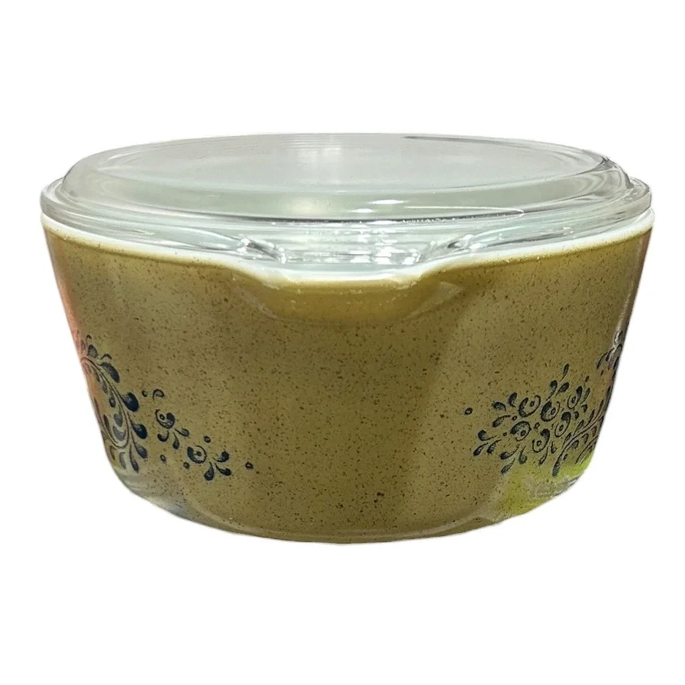 Vintage Pyrex Homestead 1.5 Qt Round Casserole Dish with Lid 474-B Tan Blue